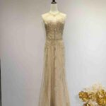 香檳粉金星芒狀水鑽削肩袖禮服