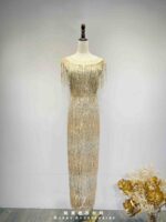 香檳金流蘇滿鑽流線禮服