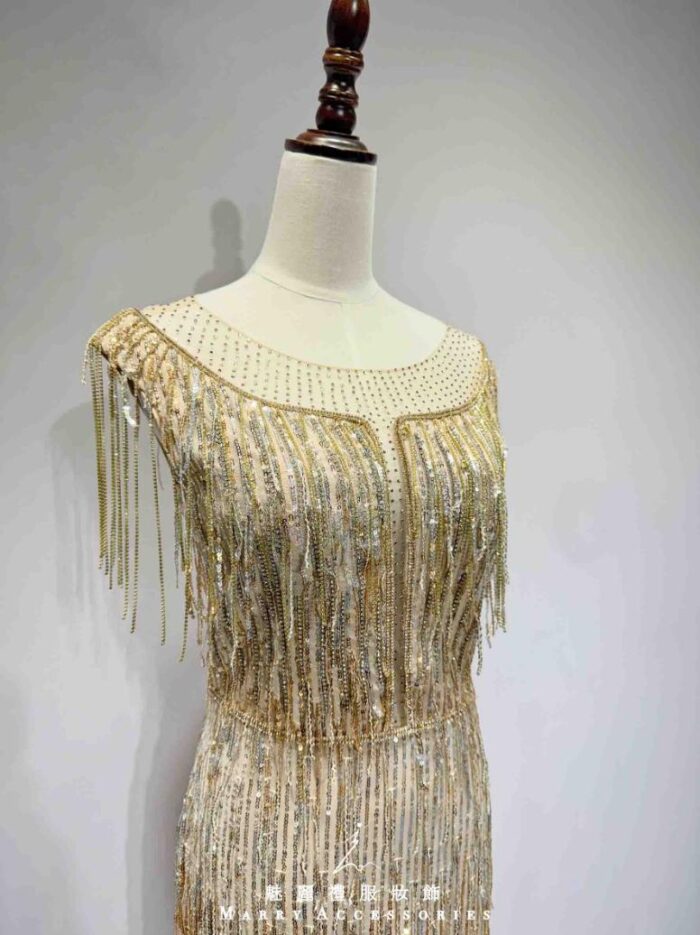香檳金流蘇滿鑽流線禮服