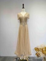 香檳金流線鑲鑽收腰V領澎裙禮服