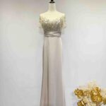 香檳金水鑽藕粉絲緞高腰裙禮服