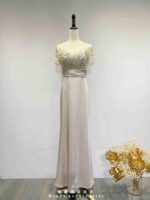 香檳金水鑽藕粉絲緞高腰裙禮服