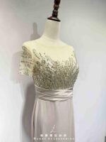 香檳金水鑽藕粉絲緞高腰裙禮服