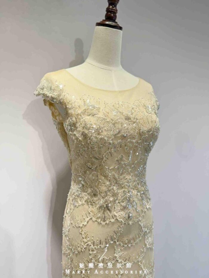 金黃睫毛蕾絲亮片刺繡魚尾禮服