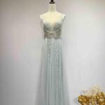 水藍灰亮片交叉細鑽條狀薄紗禮服