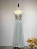 水藍灰亮片交叉細鑽條狀薄紗禮服