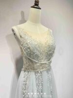 水藍灰亮片交叉細鑽條狀薄紗禮服