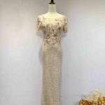 櫻花粉珍珠刺繡立體花葉禮服