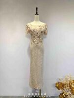 櫻花粉珍珠刺繡立體花葉禮服