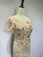 櫻花粉珍珠刺繡立體花葉禮服