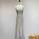 櫻花粉銀蕾絲羽毛亮片刺繡魚尾禮服