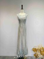 櫻花粉銀蕾絲羽毛亮片刺繡魚尾禮服