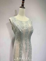 櫻花粉銀蕾絲羽毛亮片刺繡魚尾禮服