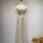 櫻花粉立體花蕾絲亮紗裙禮服