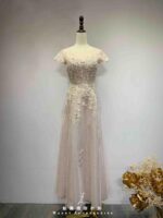 櫻花粉立體花蕾絲亮紗裙禮服