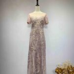 粉紫浮雕織花刺繡亮片細砂禮服