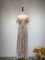 粉紫浮雕織花刺繡亮片細砂禮服