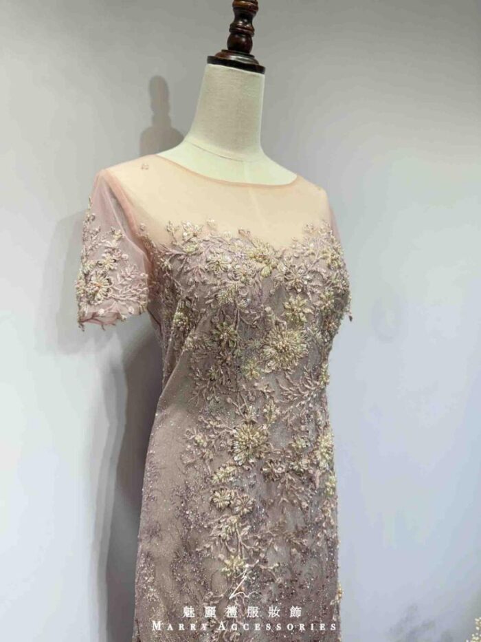 粉紫浮雕織花刺繡亮片細砂禮服