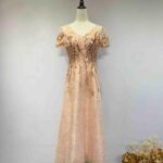 粉橘亮片繡花蕾絲花紋禮服