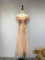 粉橘亮片繡花蕾絲花紋禮服