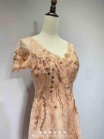 粉橘亮片繡花蕾絲花紋禮服