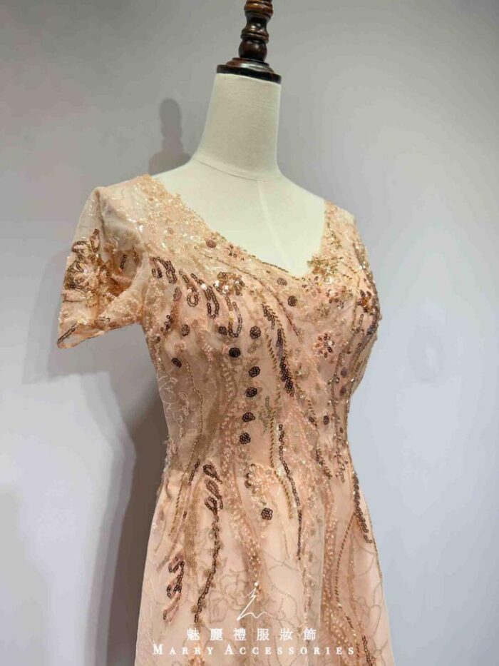 粉橘亮片繡花蕾絲花紋禮服