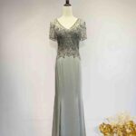 莫蘭迪灰立體珠花緞面魚尾禮服