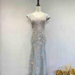 水藍粉紫漸層織花蕾絲魚尾禮服