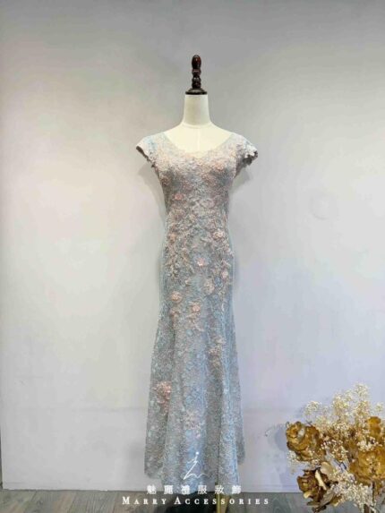 水藍粉紫漸層織花蕾絲魚尾禮服