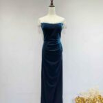 寶藍細碎鑽絲絨抓皺魚尾禮服