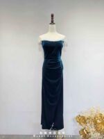 寶藍細碎鑽絲絨抓皺魚尾禮服