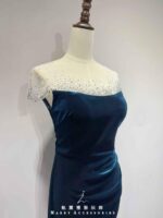 寶藍細碎鑽絲絨抓皺魚尾禮服