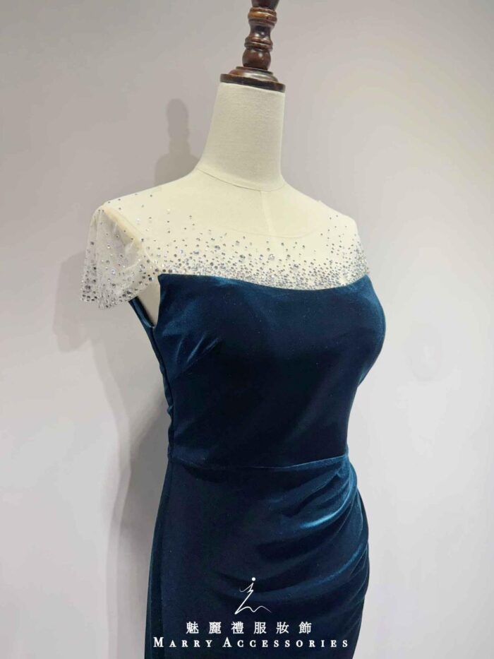 寶藍細碎鑽絲絨抓皺魚尾禮服