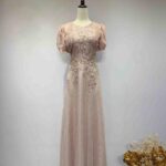 櫻花粉蕾絲織花亮紗公主袖禮服