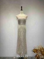 藕粉波紋亮片刺繡高腰禮服