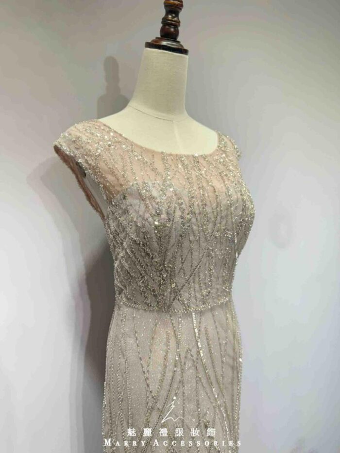 藕粉波紋亮片刺繡高腰禮服