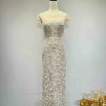 藕粉細珠立體蝴蝶花瓣禮服