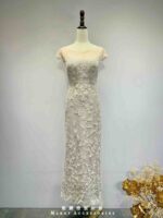 藕粉細珠立體蝴蝶花瓣禮服