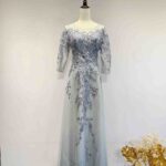 莫蘭迪藍灰花藤亮片七分袖禮服