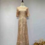 粉橘金蔥花藤五分袖魚尾禮服