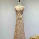 粉橘波紋亮片桃心領卡肩禮服