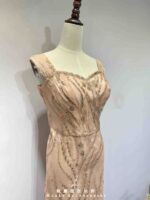 粉橘波紋亮片桃心領卡肩禮服