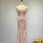 蜜桃粉波紋細珠魚尾紗裙禮服