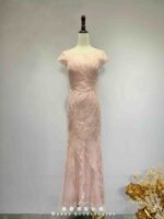 蜜桃粉波紋細珠魚尾紗裙禮服