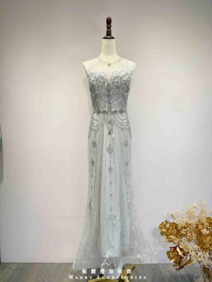 雪銀星芒狀水鑽削肩袖禮服