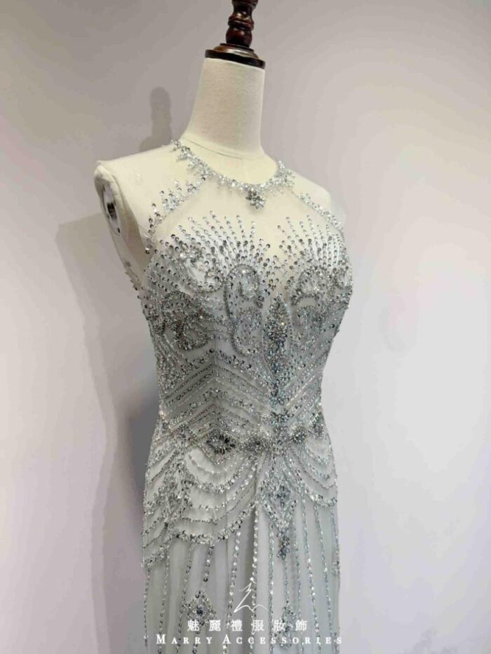 雪銀星芒狀水鑽削肩袖禮服