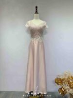 玫瑰粉亮片蝶花絲緞A字裙禮服