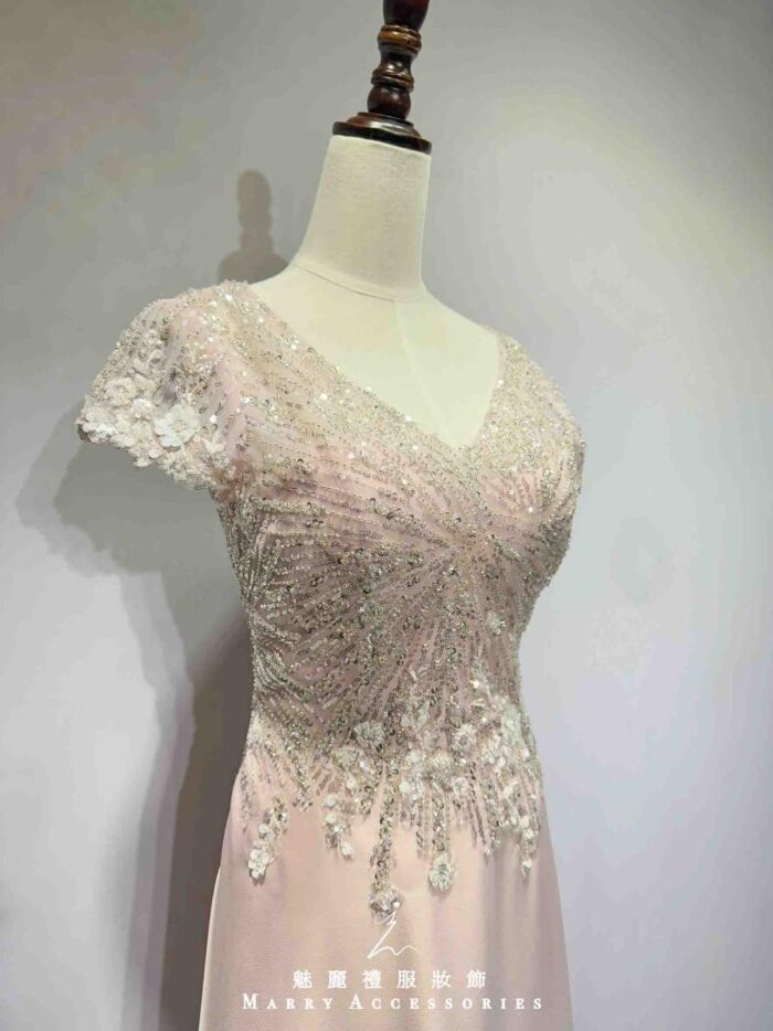 玫瑰粉亮片蝶花絲緞A字裙禮服