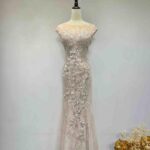 玫瑰粉珠花亮片藤蔓蕾絲紗裙魚尾禮服