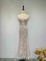 玫瑰粉珠花亮片藤蔓蕾絲紗裙魚尾禮服